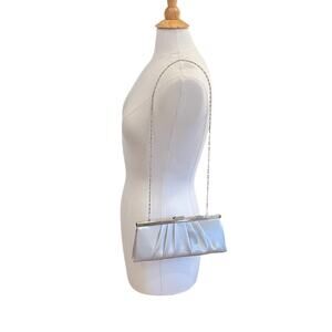 Jessico McClintock Silver Satin Clutch, Evening Clutch, Drop Chain, Clasp